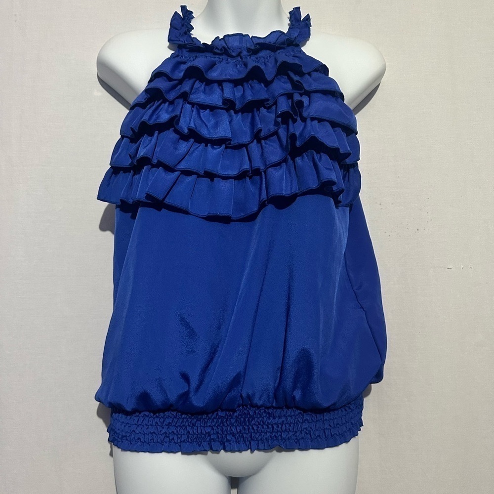 Ciel Royal Blue Ruffle Halter Top | Women’s Small | Dressy Statement Blouse